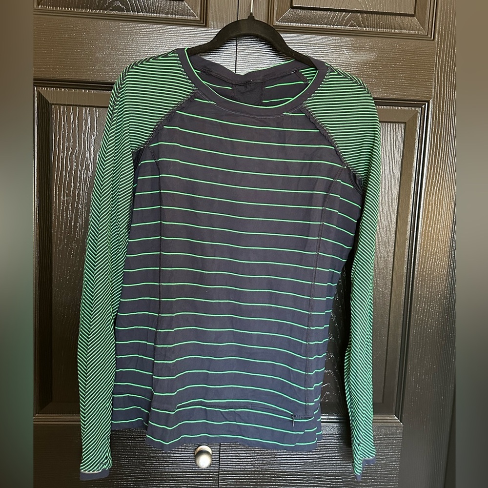 Lululemon Full Tilt Long Sleeve Shirt Slalom Stripe Inkwell Hyper Green Size 10